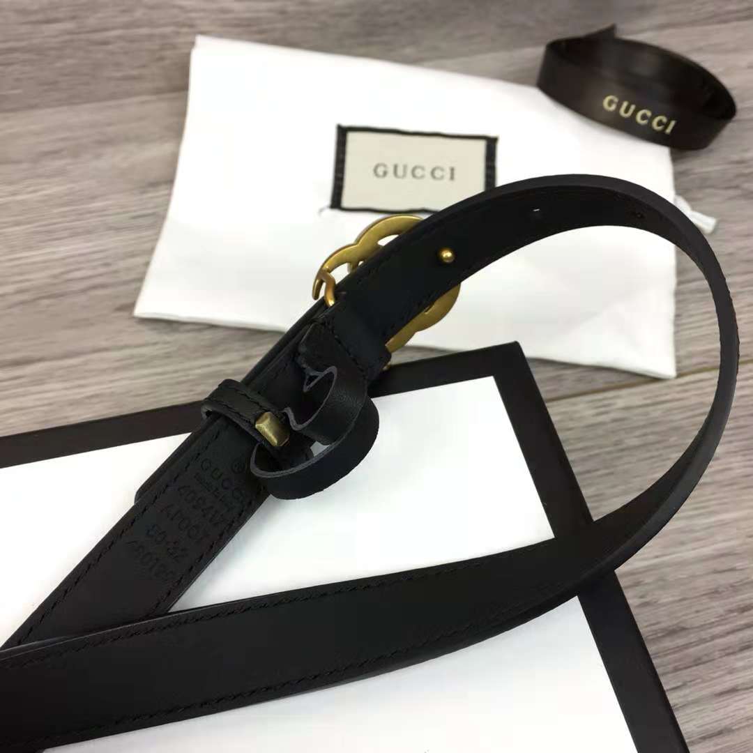 Gucci Leather Black Belt With Double G Golden Buckle (2CM) - DesignerGu