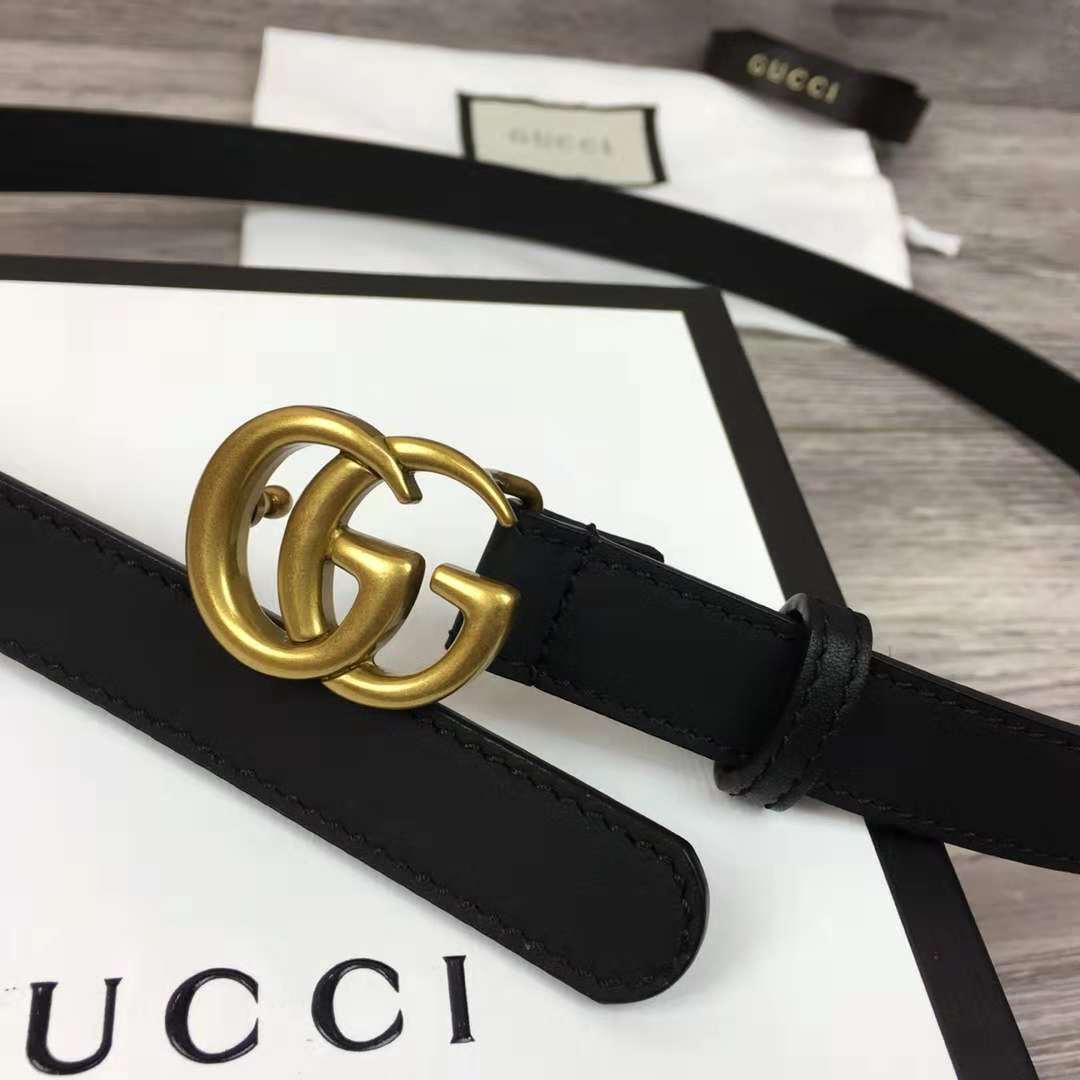 Gucci Leather Black Belt With Double G Golden Buckle (2CM) - DesignerGu