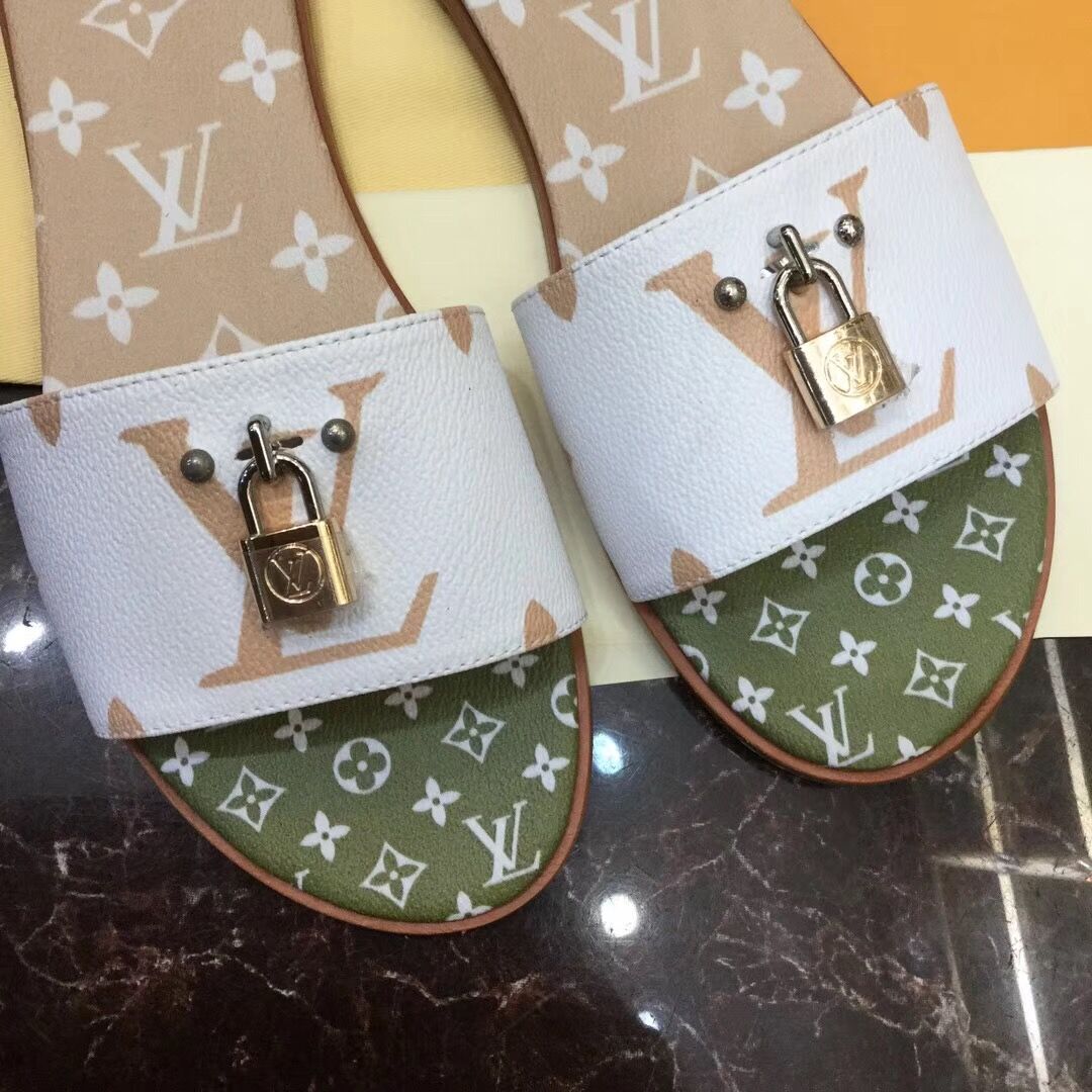 Louis Vuitton Lock It Flat Mule In White/ Moka Brown - DesignerGu