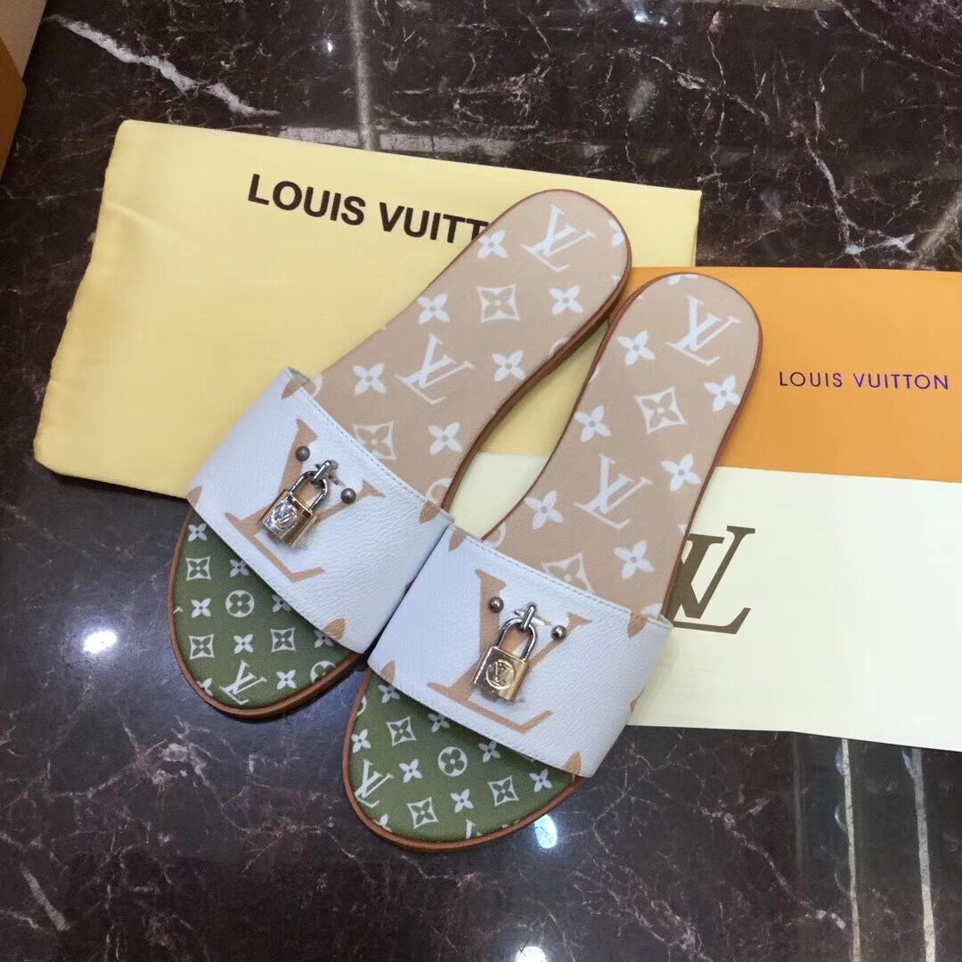 Louis Vuitton Lock It Flat Mule In White/ Moka Brown - DesignerGu