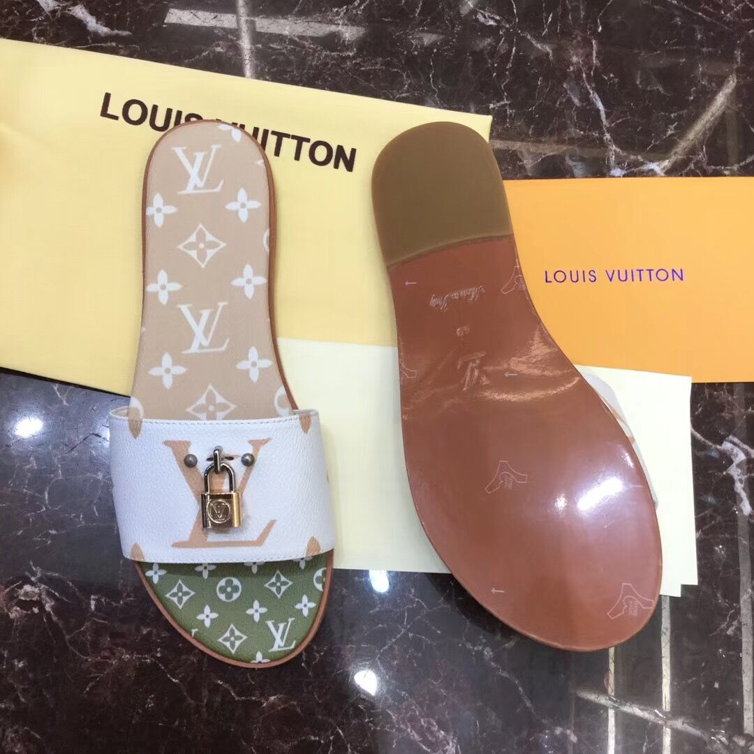 Louis Vuitton Lock It Flat Mule In White/ Moka Brown - DesignerGu