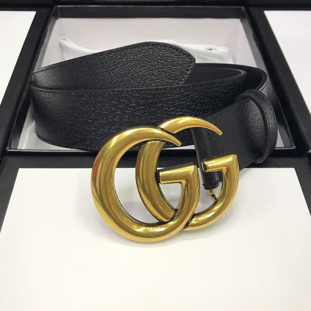 Gucci Leather Black Belt With Double G Golden Buckle  - DesignerGu