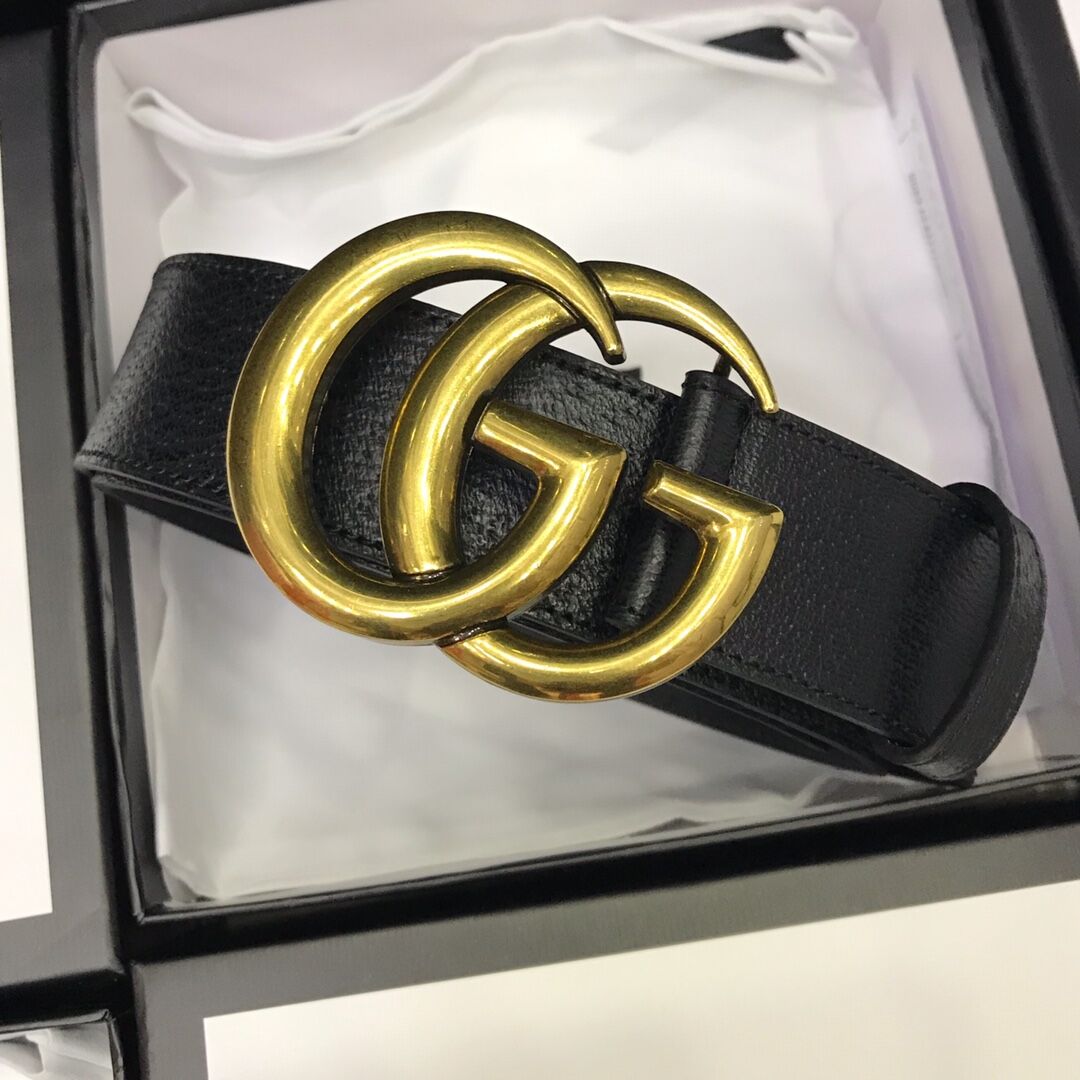 Gucci Leather Black Belt With Double G Golden Buckle  - DesignerGu