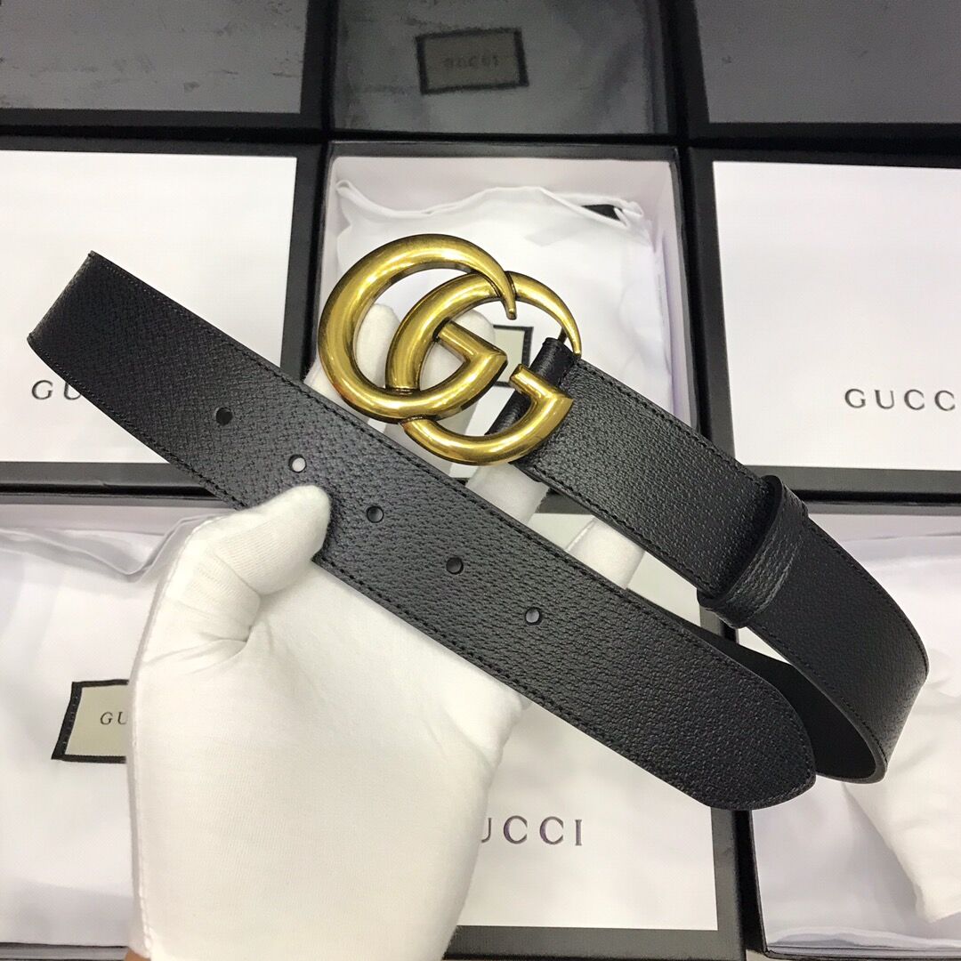 Gucci Leather Black Belt With Double G Golden Buckle  - DesignerGu