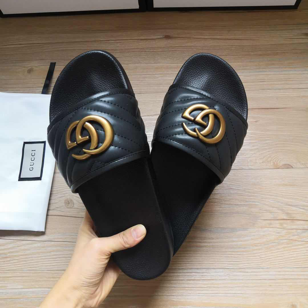 Gucci Black Double G Slippers - DesignerGu