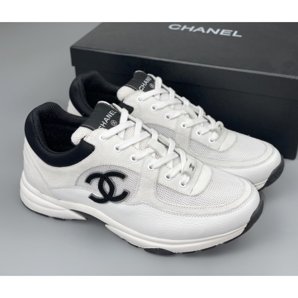 Chanel White Black 22c Leather Calfskin Suede Mesh Cc Logo Trainers Sneakers - DesignerGu