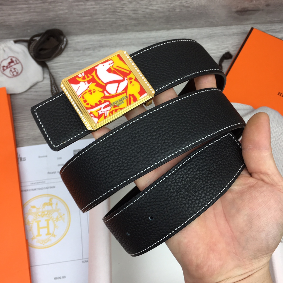 Hermes Black Leather Belt With   Enamel Buckle - DesignerGu