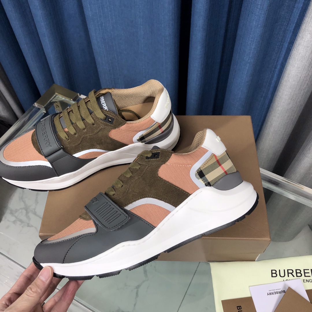 Burberry Check Cotton Canvas And Leather Sneakers - DesignerGu