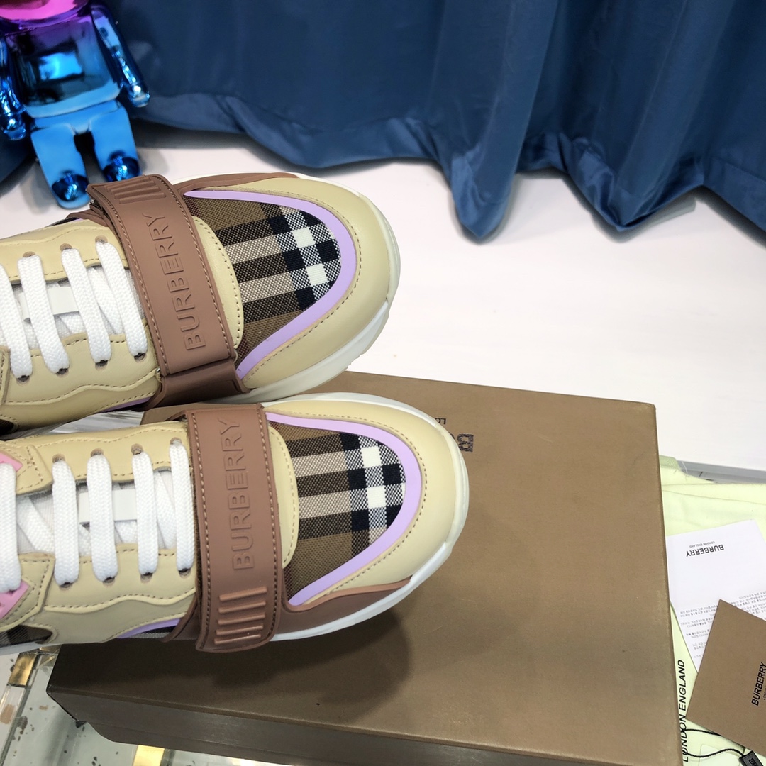 Burberry Check Cotton Canvas And Leather Sneakers - DesignerGu