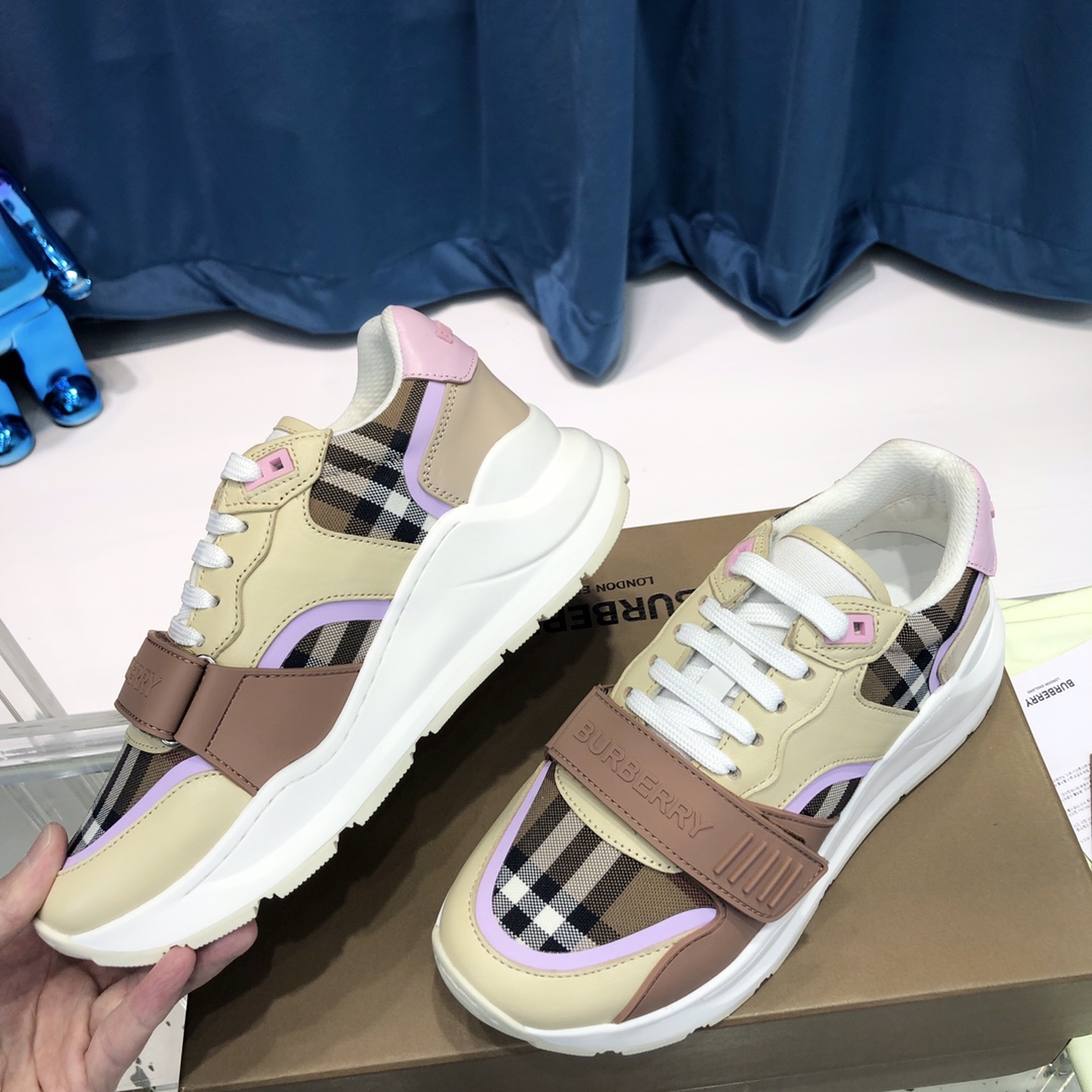 Burberry Check Cotton Canvas And Leather Sneakers - DesignerGu