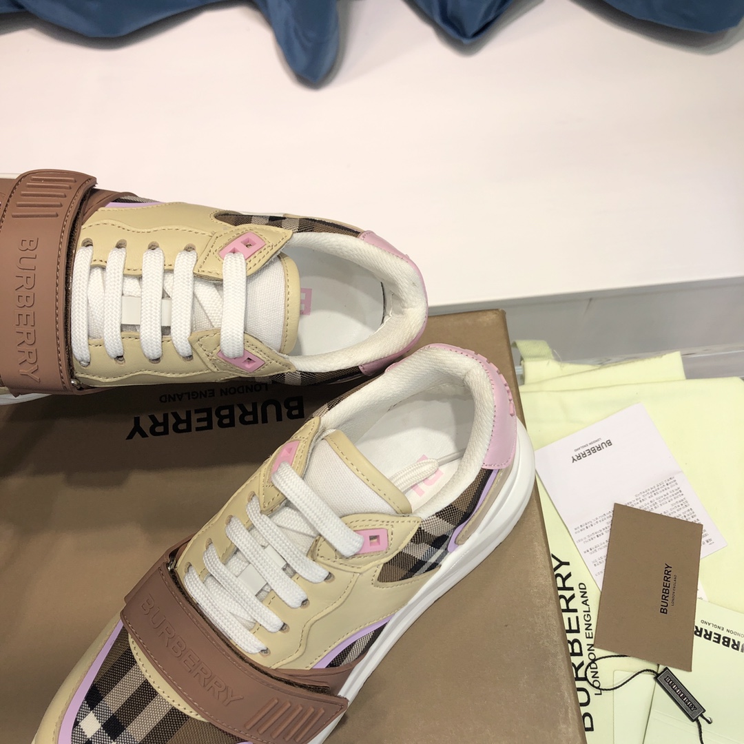 Burberry Check Cotton Canvas And Leather Sneakers - DesignerGu