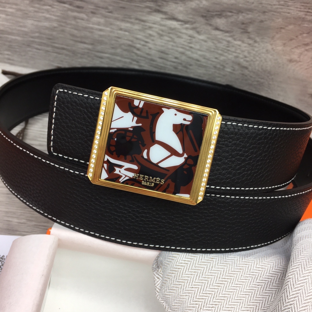 Hermes Black Leather Belt With   Enamel Buckle - DesignerGu