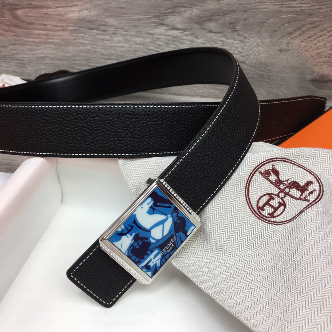 Hermes Black Leather Belt With   Enamel Buckle - DesignerGu