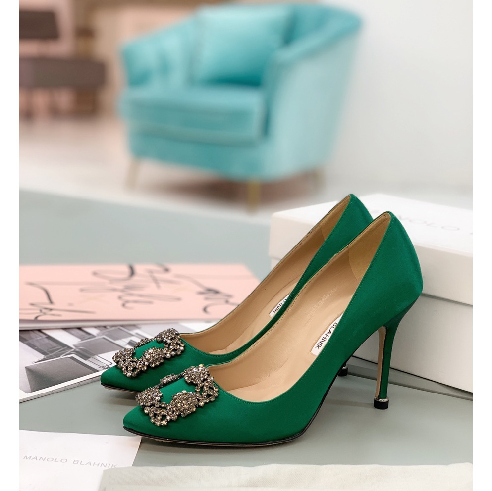 Manolo Blahnik Green Hangisi Pumps With Buckle - DesignerGu