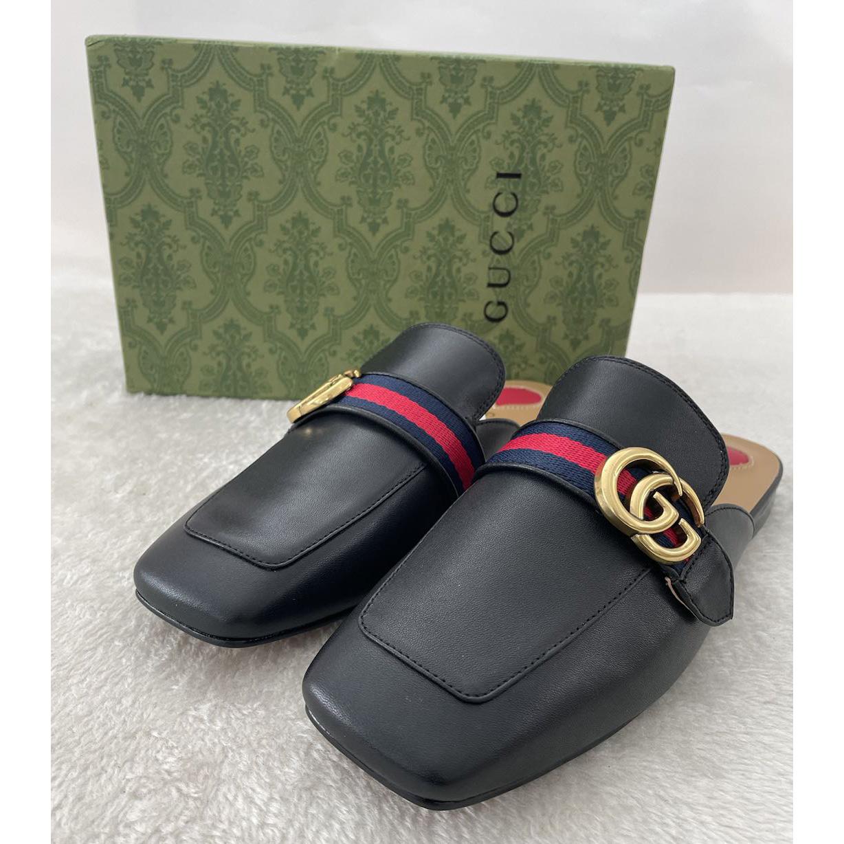 Gucci Princetown Leather Black Slipper With Double G - DesignerGu