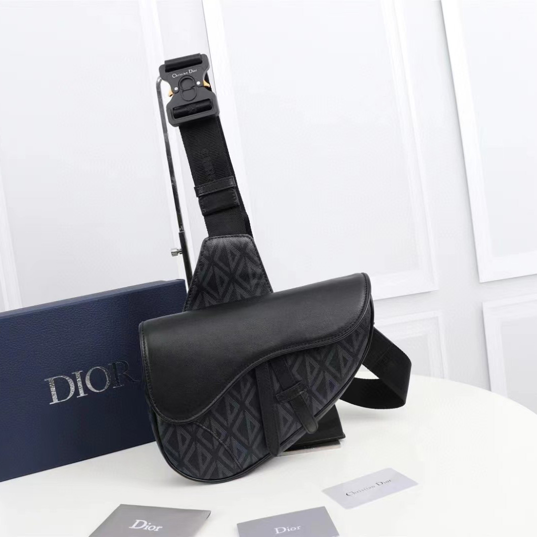 Dior Black CD Diamond Canvas And Smooth Calfskin Saddle Bag(26-19-4.5cm) - DesignerGu