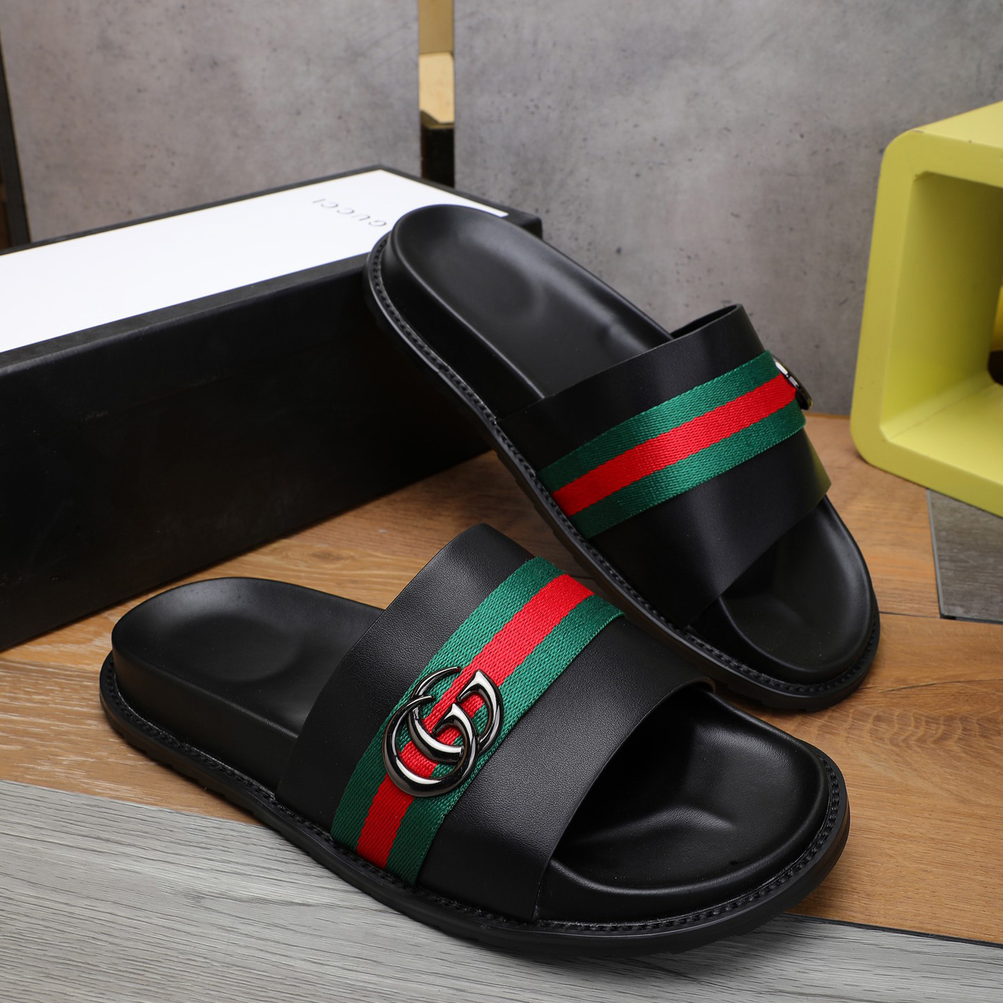 Gucci Double G Logo Black Slide Sandals - DesignerGu