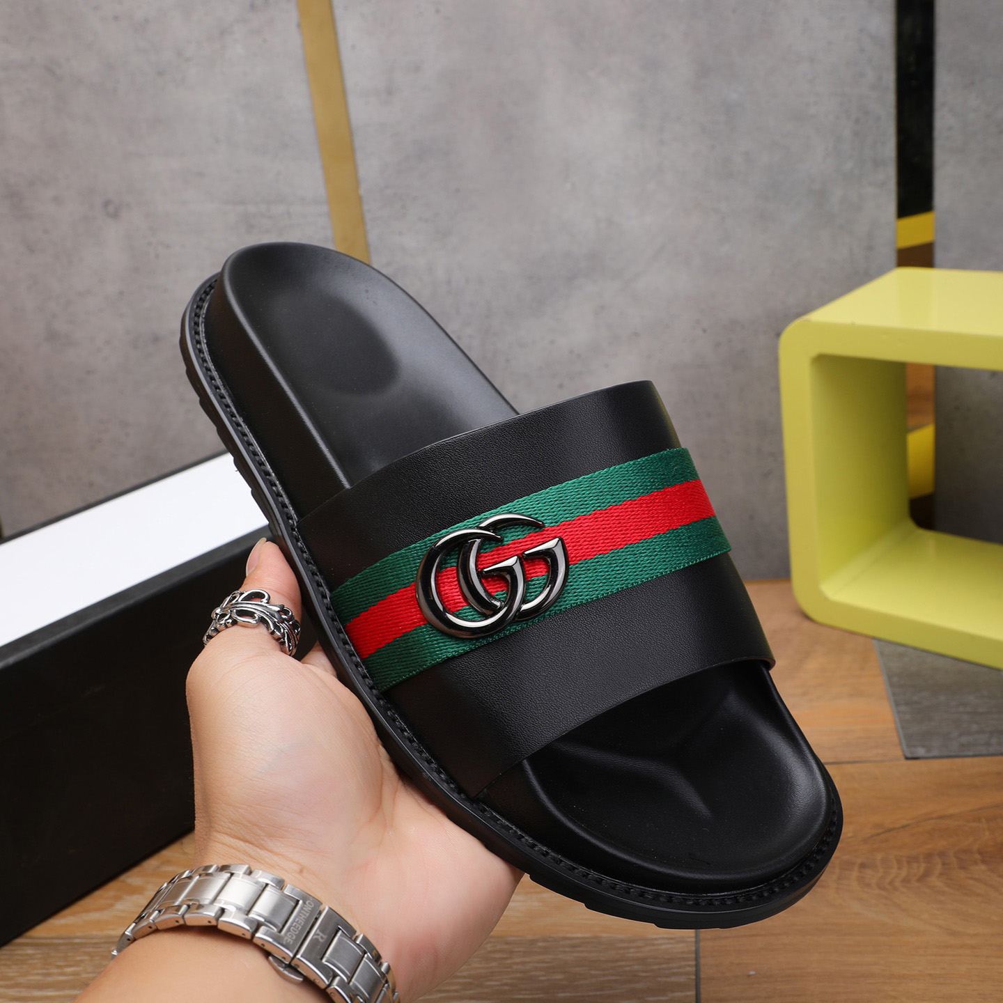 Gucci Double G Logo Black Slide Sandals - DesignerGu