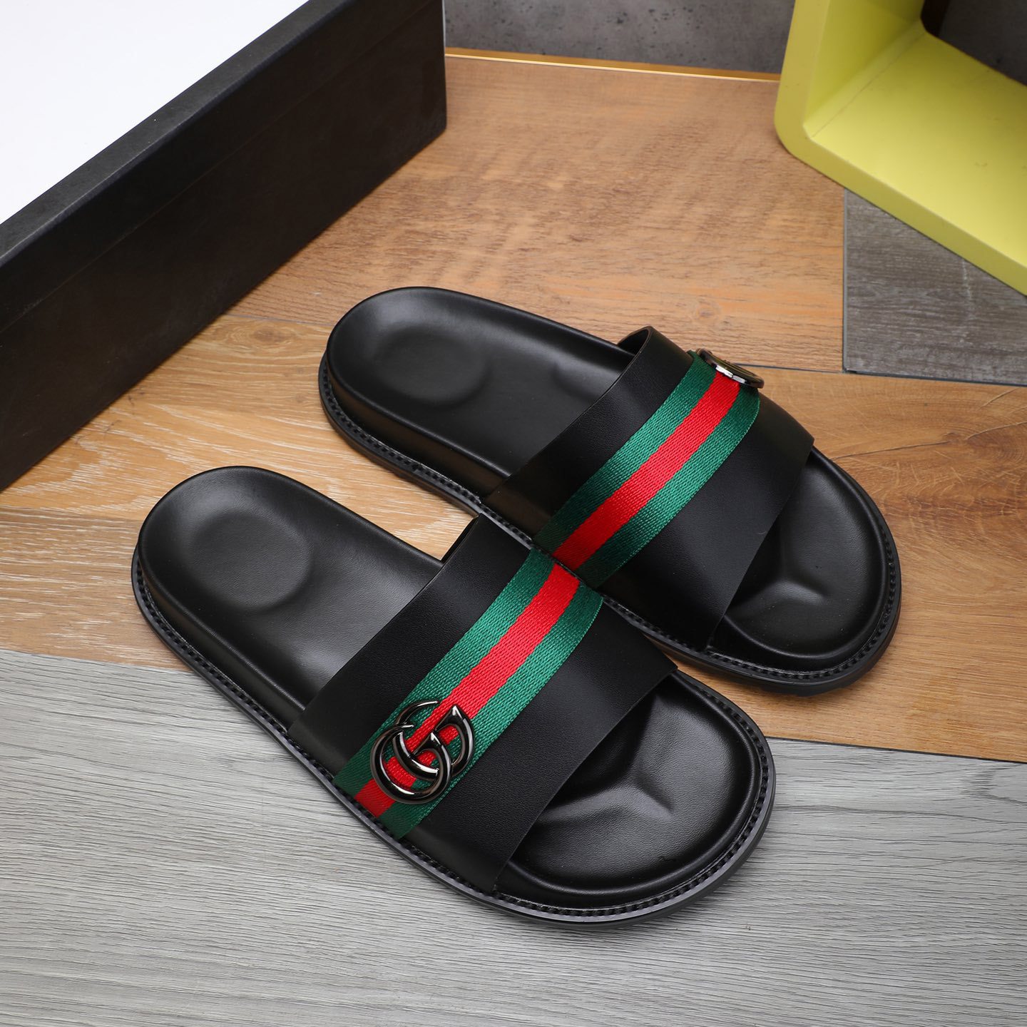 Gucci Double G Logo Black Slide Sandals - DesignerGu