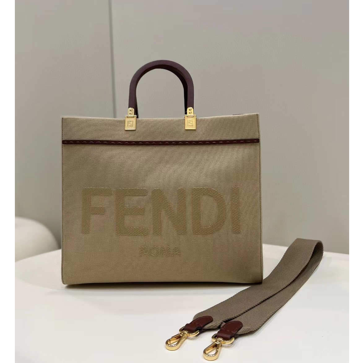 Fendi Sunshine Medium Beige Canvas Bag(35-31-17cm) - DesignerGu