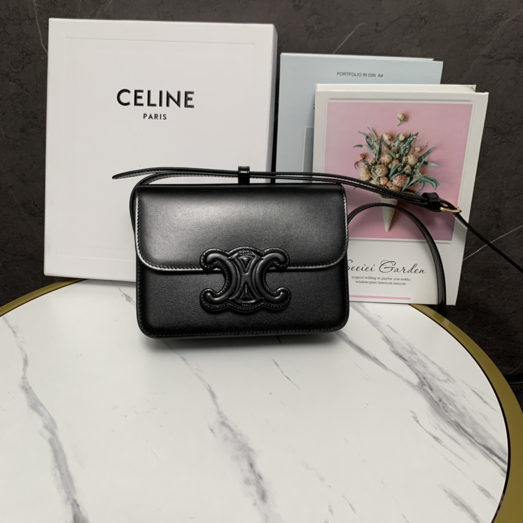 Celine Teen Bag Cuir Triomphe In Shiny Calfskin Black(18.5-14-8cm) - DesignerGu