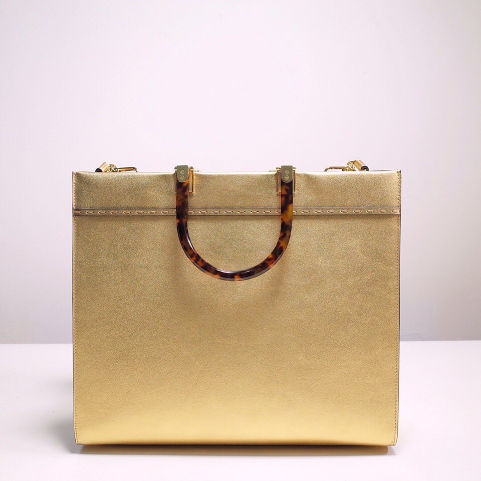 Fendi Sunshine Medium Shopper Bag In Gold Laminated Leather (35-31-17cm)  8BH386 - DesignerGu