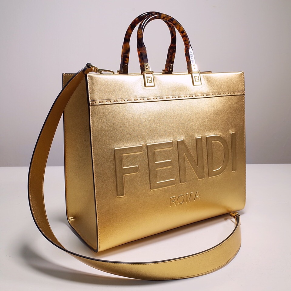 Fendi Sunshine Medium Shopper Bag In Gold Laminated Leather (35-31-17cm)  8BH386 - DesignerGu