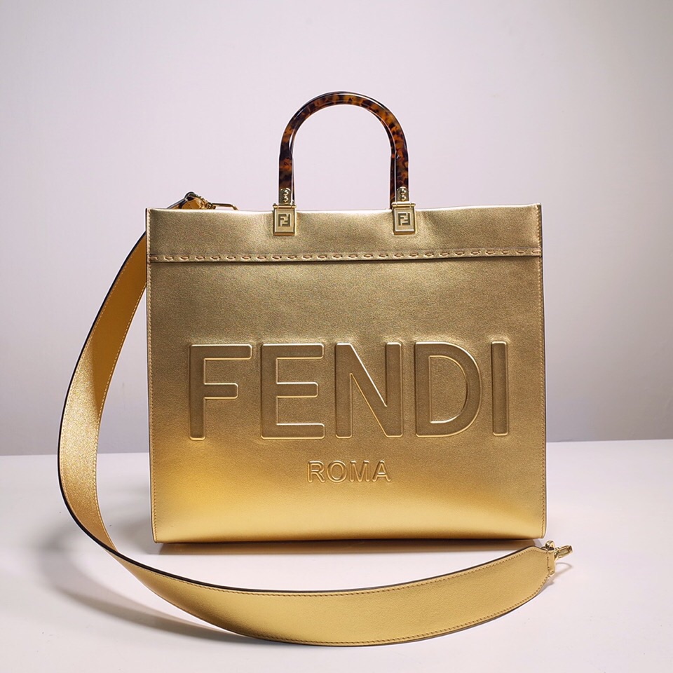 Fendi Sunshine Medium Shopper Bag In Gold Laminated Leather (35-31-17cm)  8BH386 - DesignerGu