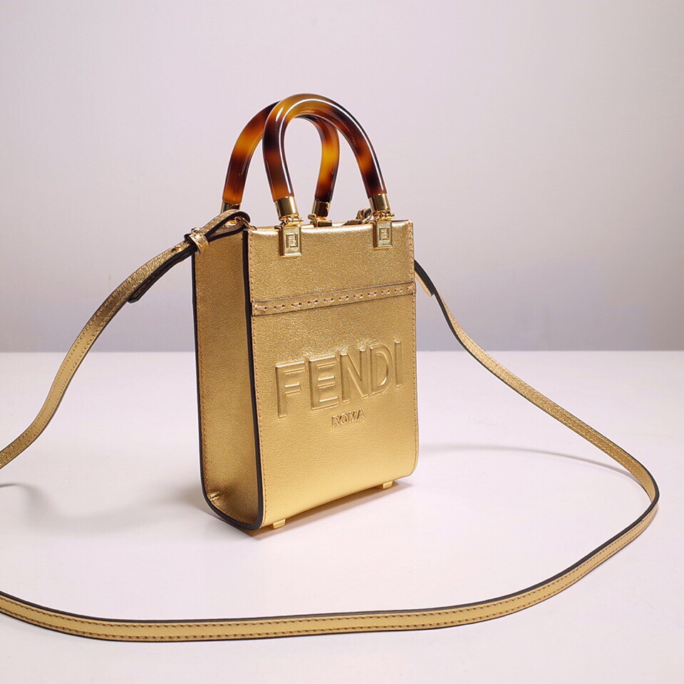 Fendi Mini Sunshine Shopper Bag In Gold Laminated Leather (13-18-6.5CM) - DesignerGu