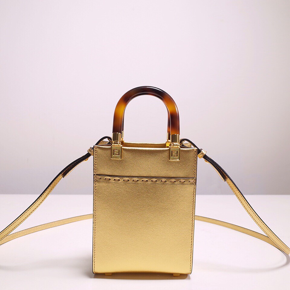 Fendi Mini Sunshine Shopper Bag In Gold Laminated Leather (13-18-6.5CM) - DesignerGu