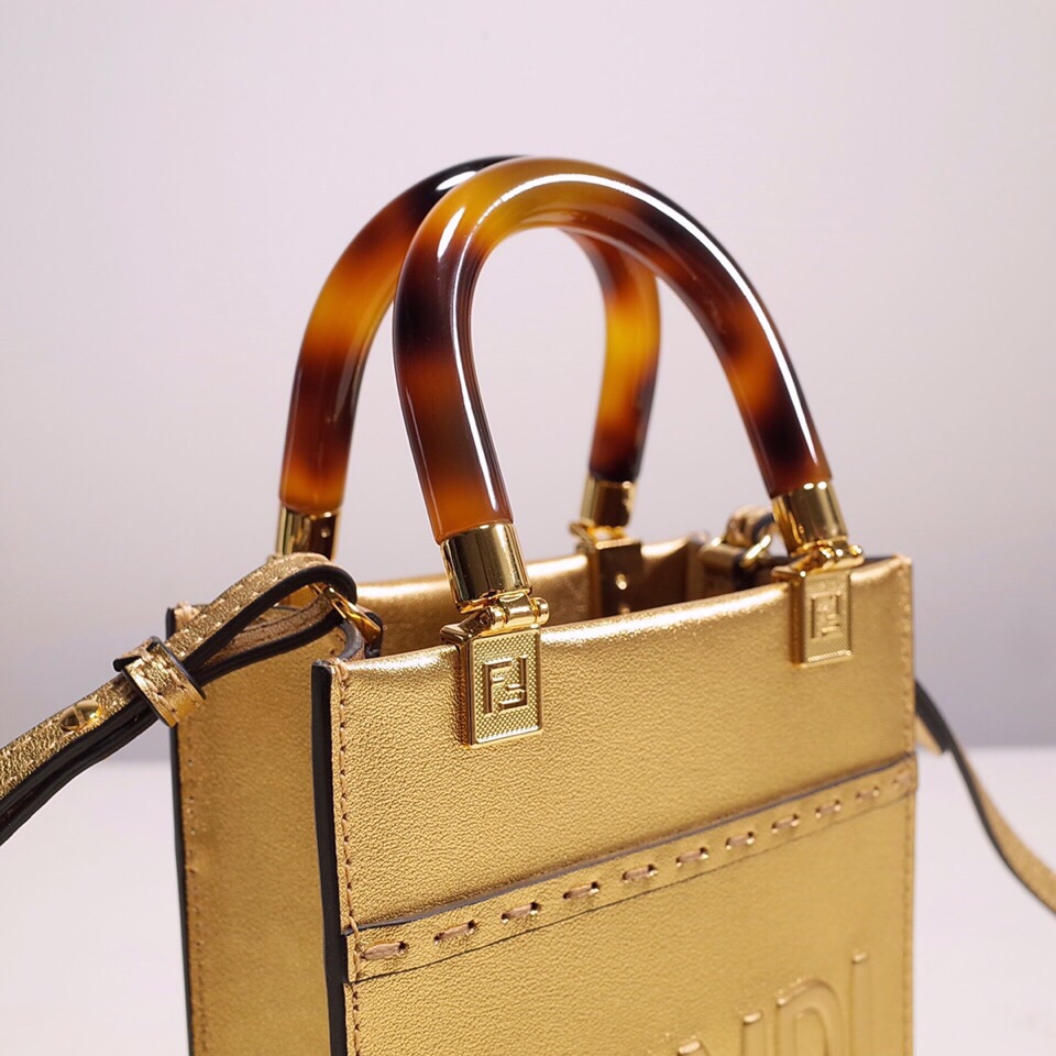 Fendi Mini Sunshine Shopper Bag In Gold Laminated Leather (13-18-6.5CM) - DesignerGu