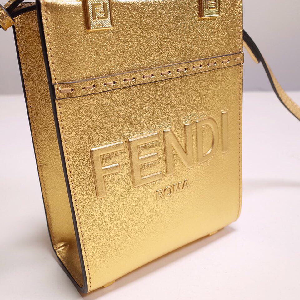 Fendi Mini Sunshine Shopper Bag In Gold Laminated Leather (13-18-6.5CM) - DesignerGu