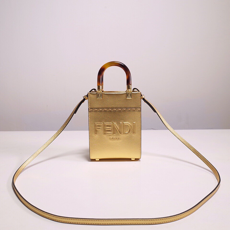 Fendi Mini Sunshine Shopper Bag In Gold Laminated Leather (13-18-6.5CM) - DesignerGu