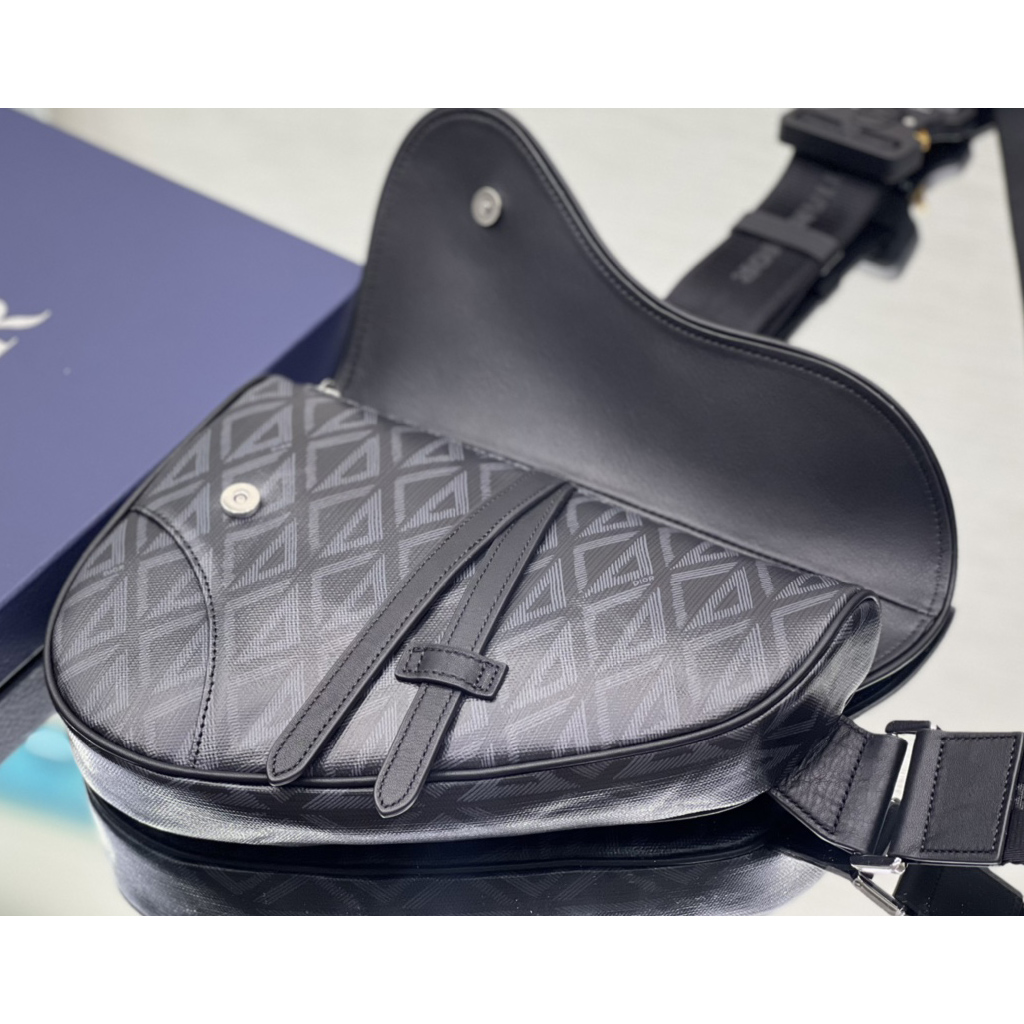 Dior Black CD Diamond Canvas And Smooth Calfskin Saddle Bag(26-19-4.5cm) 1ADPO093 - DesignerGu