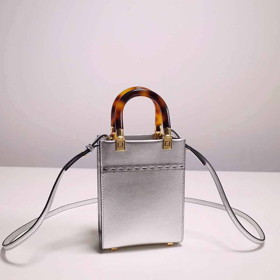 Fendi Mini Sunshine Shopper Bag In Silver Laminated Leather (13-18-6.5CM) - DesignerGu