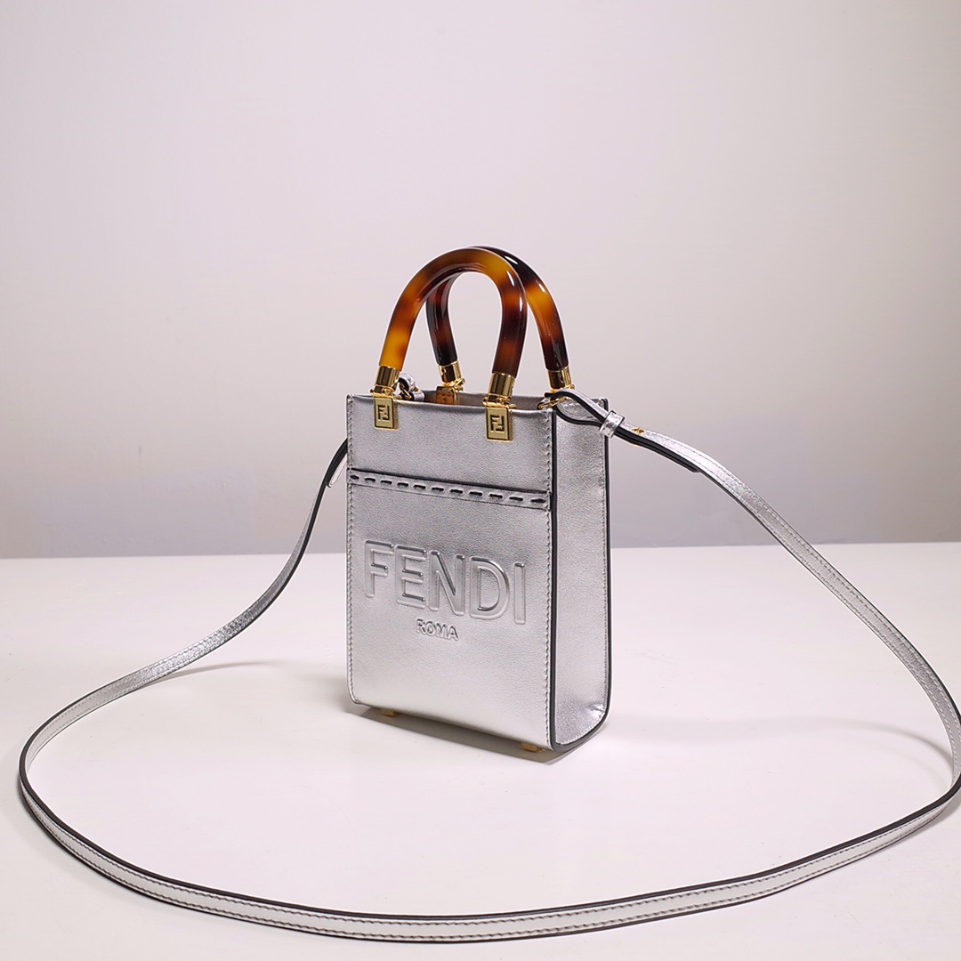 Fendi Mini Sunshine Shopper Bag In Silver Laminated Leather (13-18-6.5CM) - DesignerGu