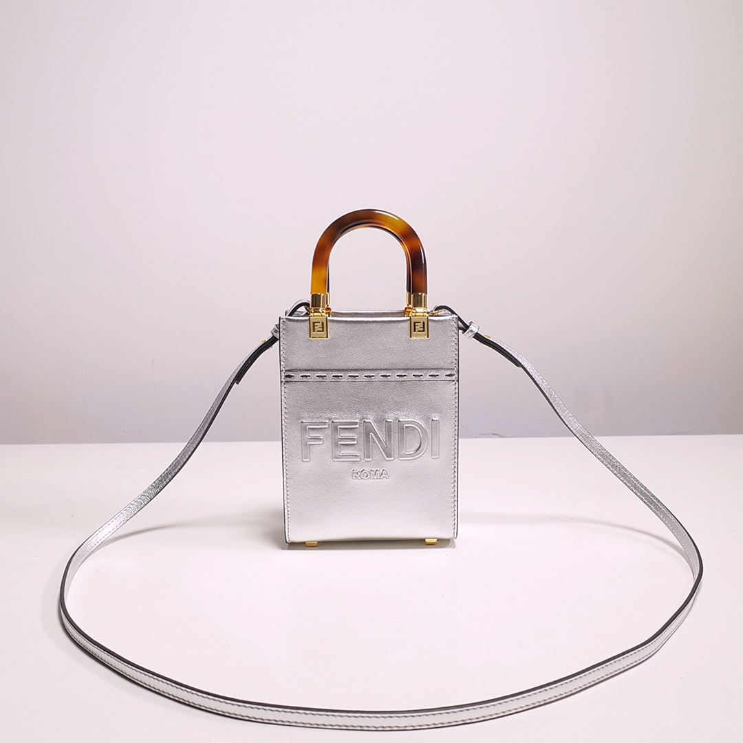 Fendi Mini Sunshine Shopper Bag In Silver Laminated Leather (13-18-6.5CM) - DesignerGu