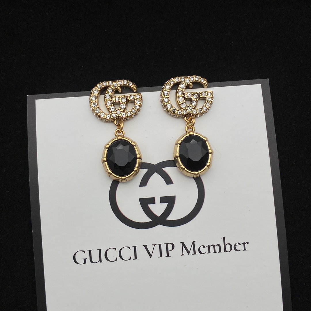 Gucci  Double G Earrings With Black Crystals - DesignerGu