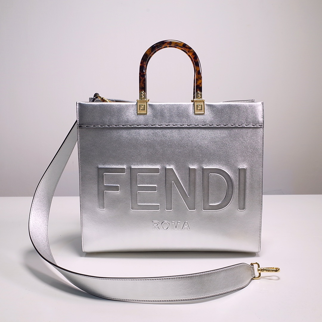 Fendi Sunshine Medium Shopper Bag In Silver Laminated Leather (35-31-17cm)  8BH386 - DesignerGu
