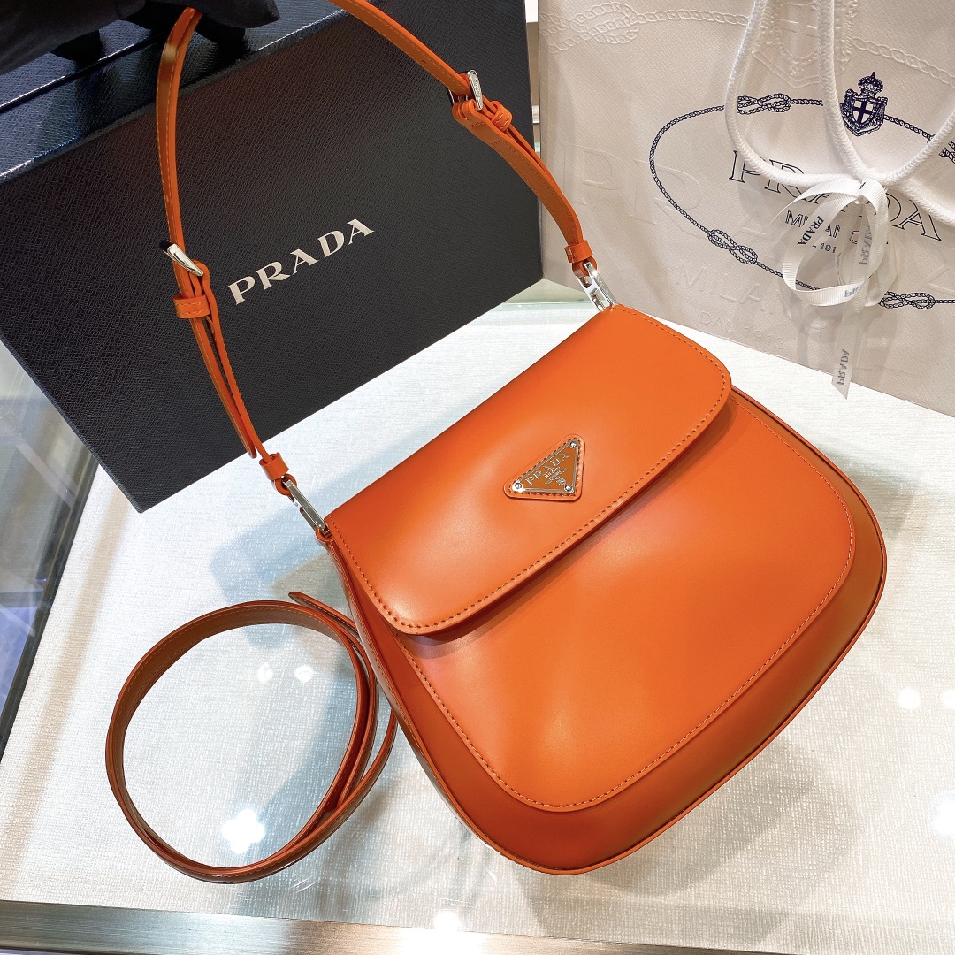 Prada Cleo Brushed Leather Shoulder Bag In Orange(24-19-6cm)   1BD303 - DesignerGu