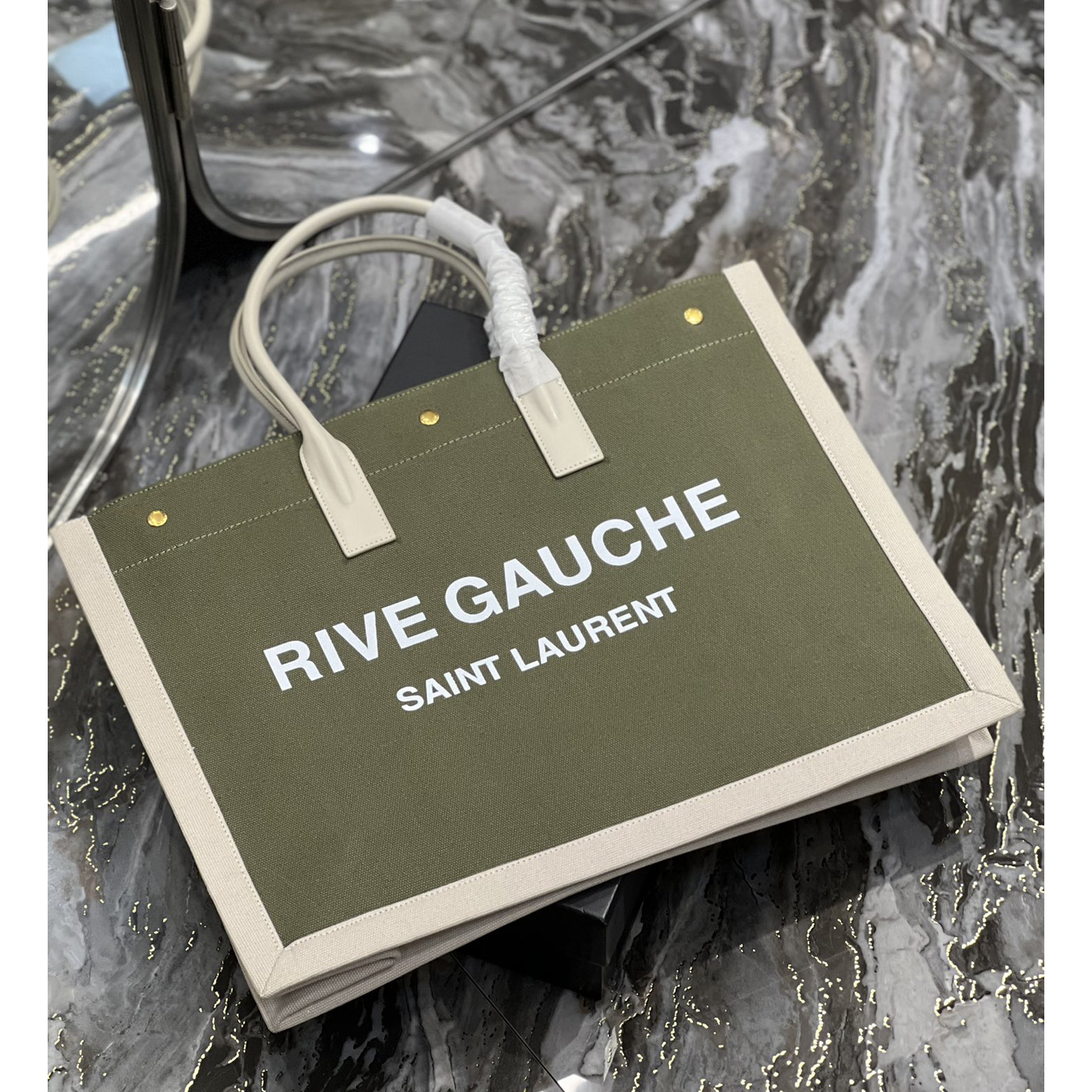 Saint Laurent Rive Gquche Tote Bag In Linen And Smooth Leather(48-36-16cm) - DesignerGu