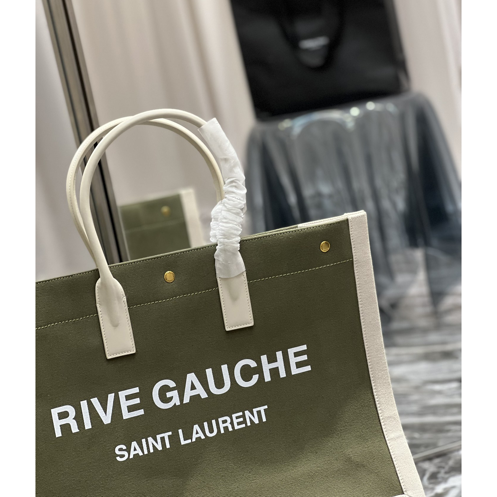 Saint Laurent Rive Gquche Tote Bag In Linen And Smooth Leather(48-36-16cm) - DesignerGu