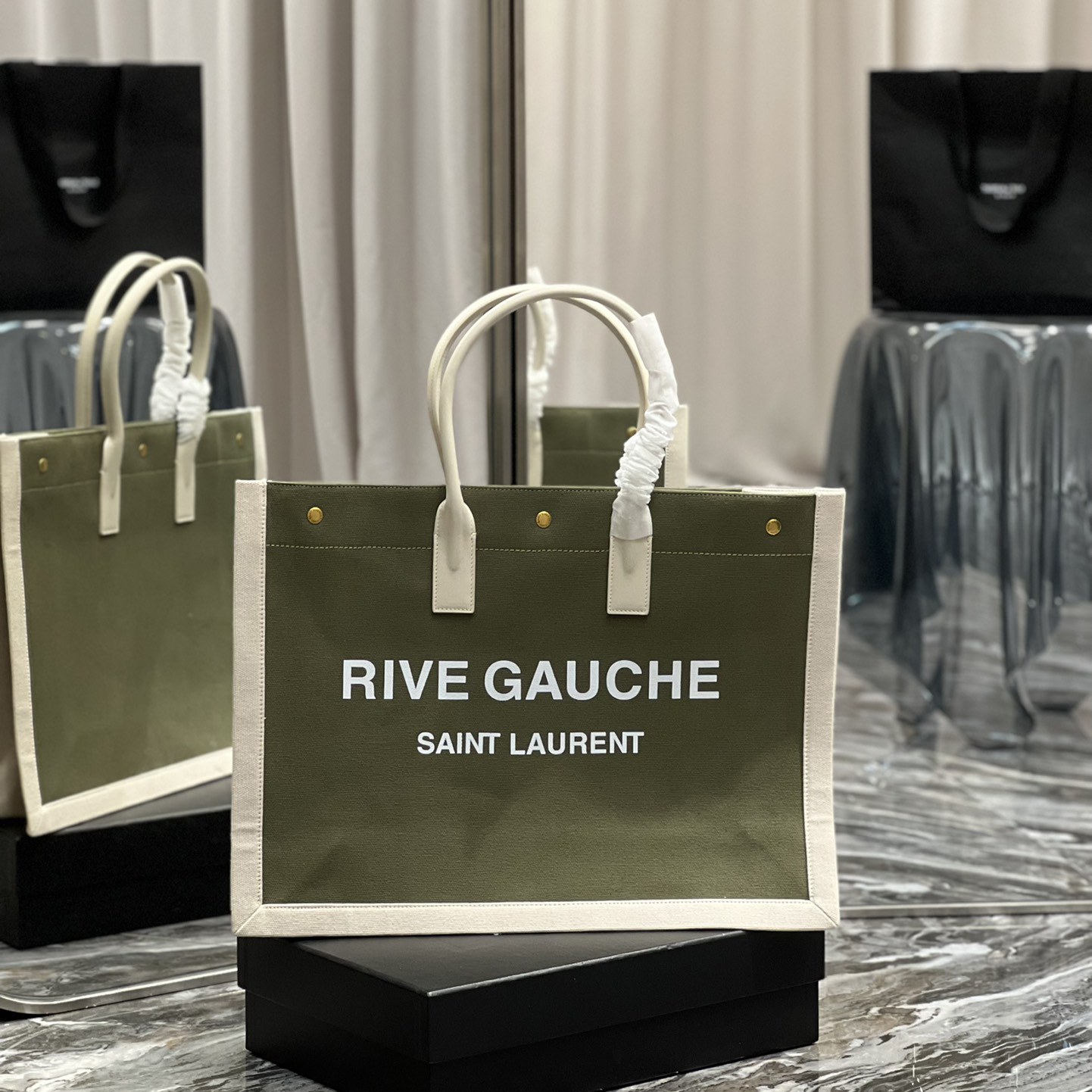 Saint Laurent Rive Gquche Tote Bag In Linen And Smooth Leather(48-36-16cm) - DesignerGu