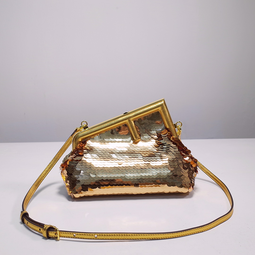 Fendi Gold-Coloured Leather And Sequinned Bag   (26-18-9.5cm)   8BP129  - DesignerGu