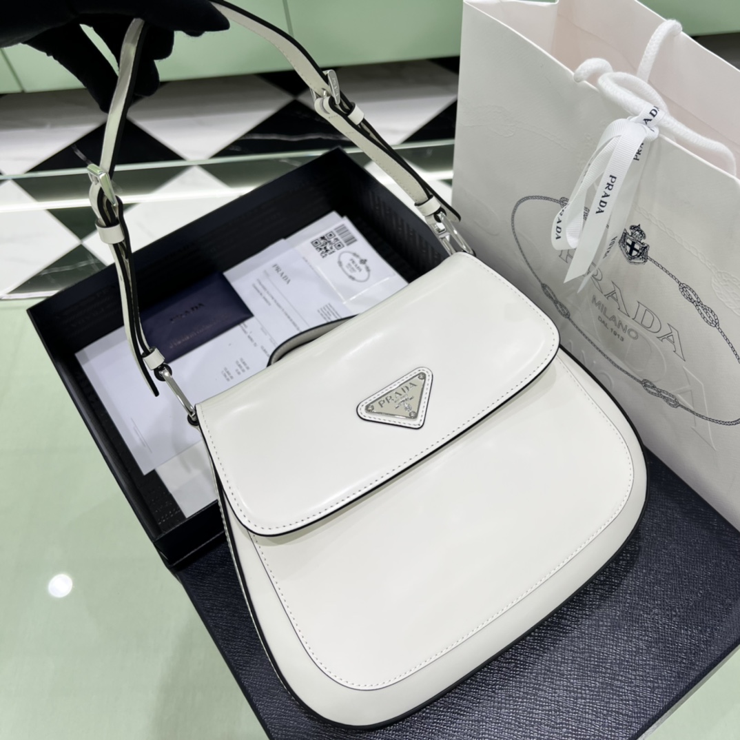 Prada Cleo Brushed Leather Shoulder Bag In White(24-19-6cm)   1BD303 - DesignerGu