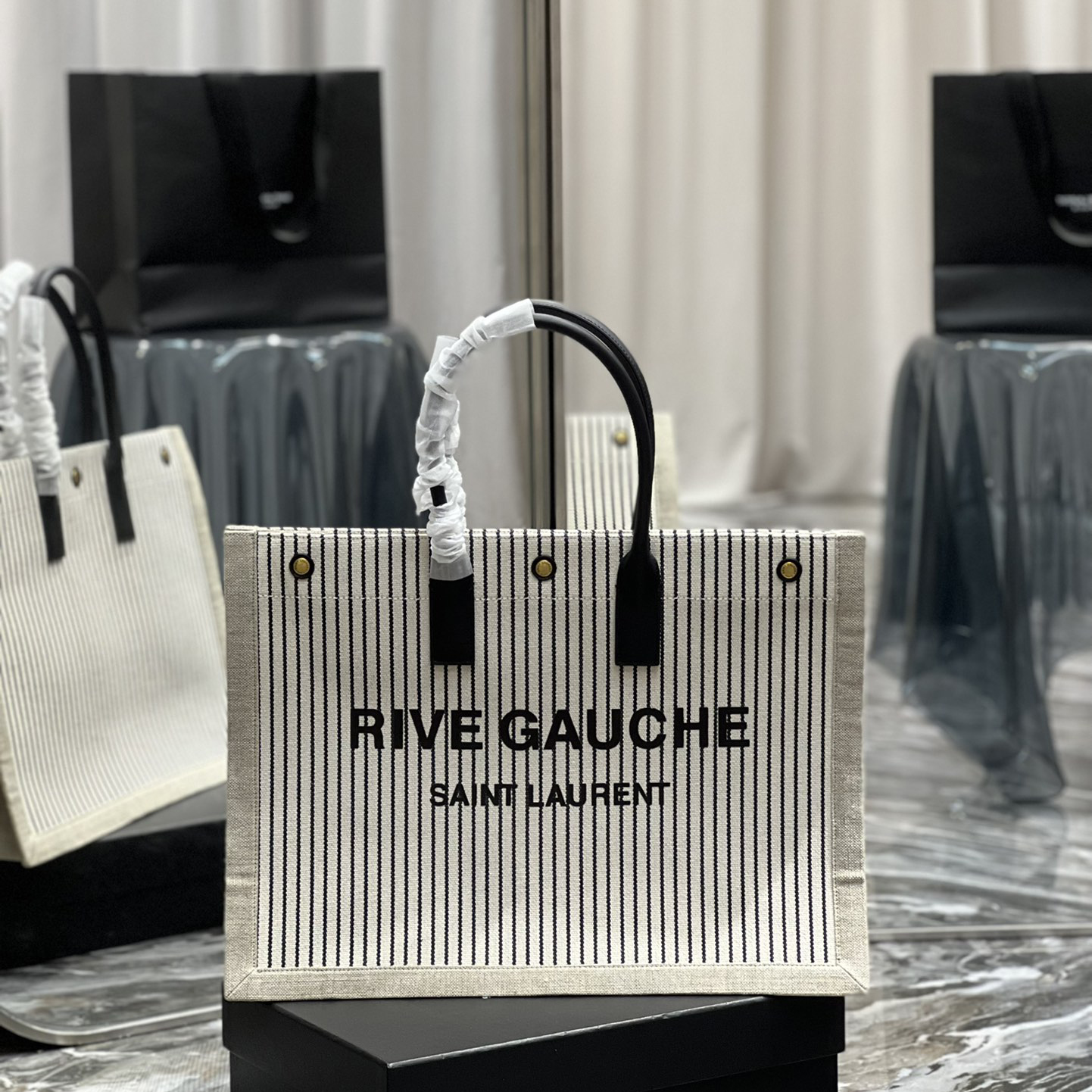 Saint Laurent Rive Gquche Tote Bag In Linen And Smooth Leather(48-36-16cm) - DesignerGu