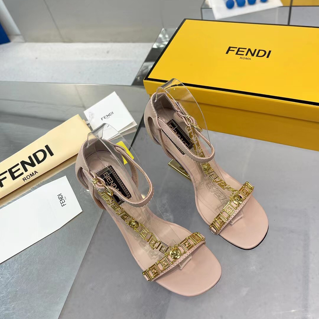 Fendi Fendi First Fendace Pink Leather High-Heeled Sandals - DesignerGu