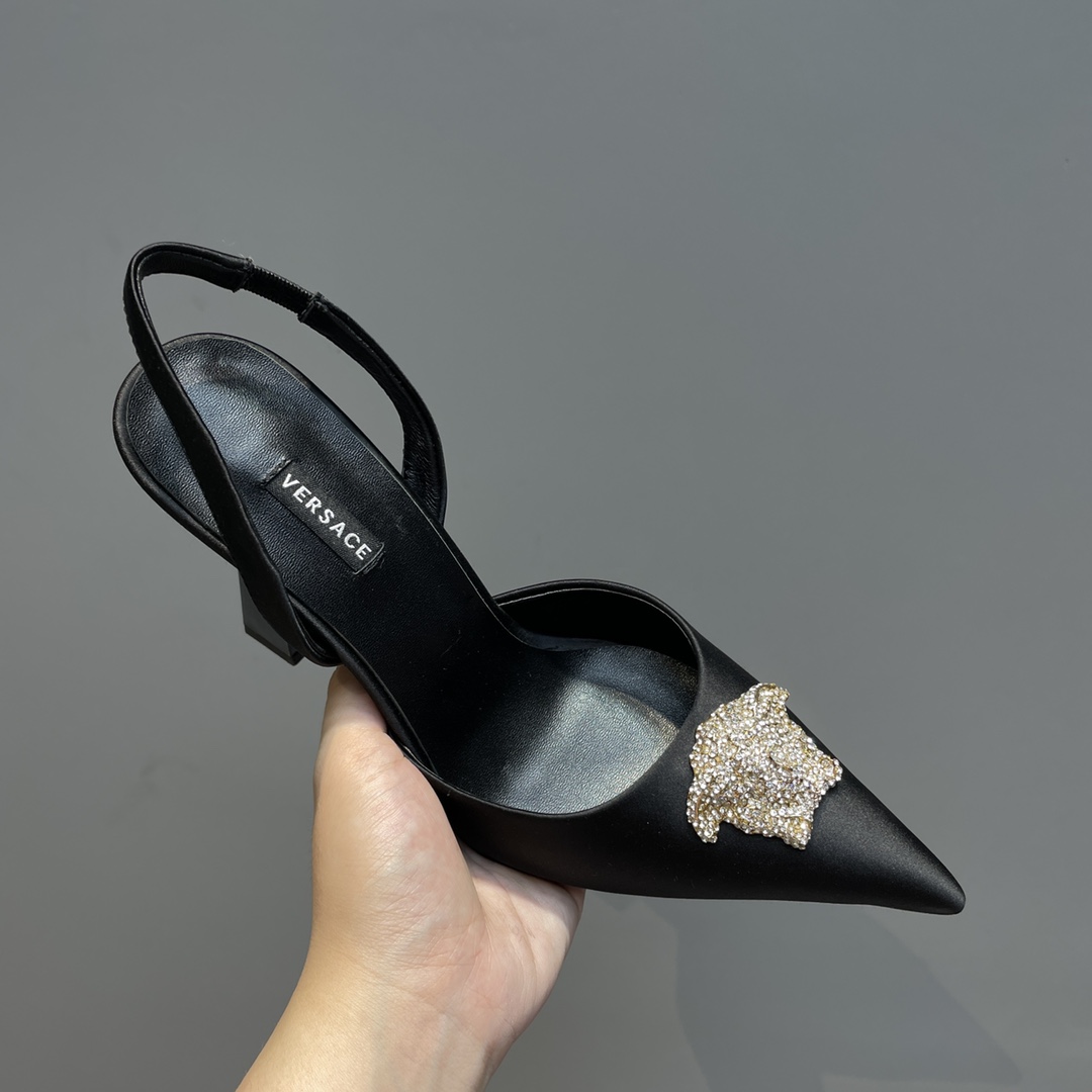 Versace Crystal La Medusa Satin Sling-Back Pumps - DesignerGu