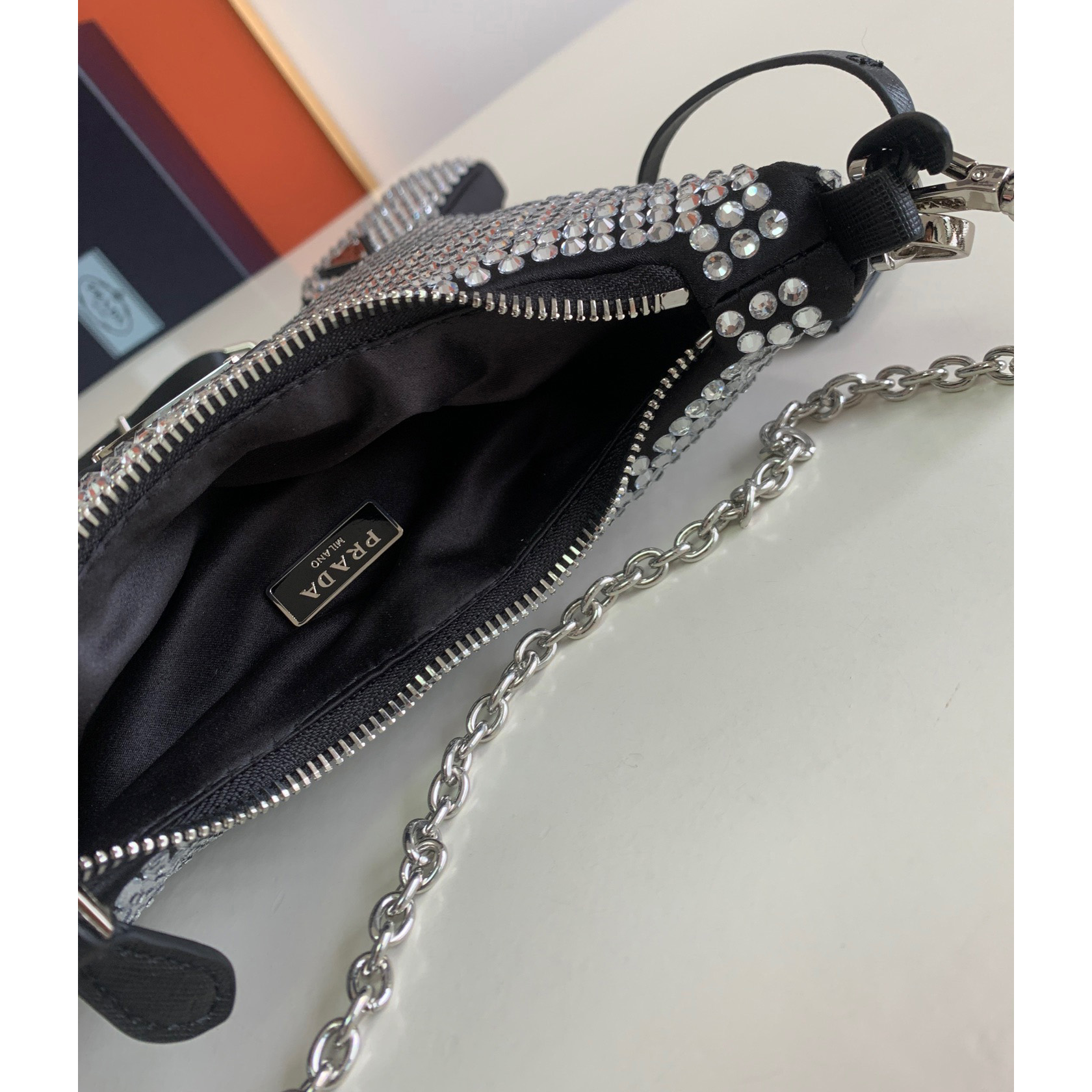 Prada Re-Edition 2005 Satin Bag With Crystals(22-16-6CM) - DesignerGu