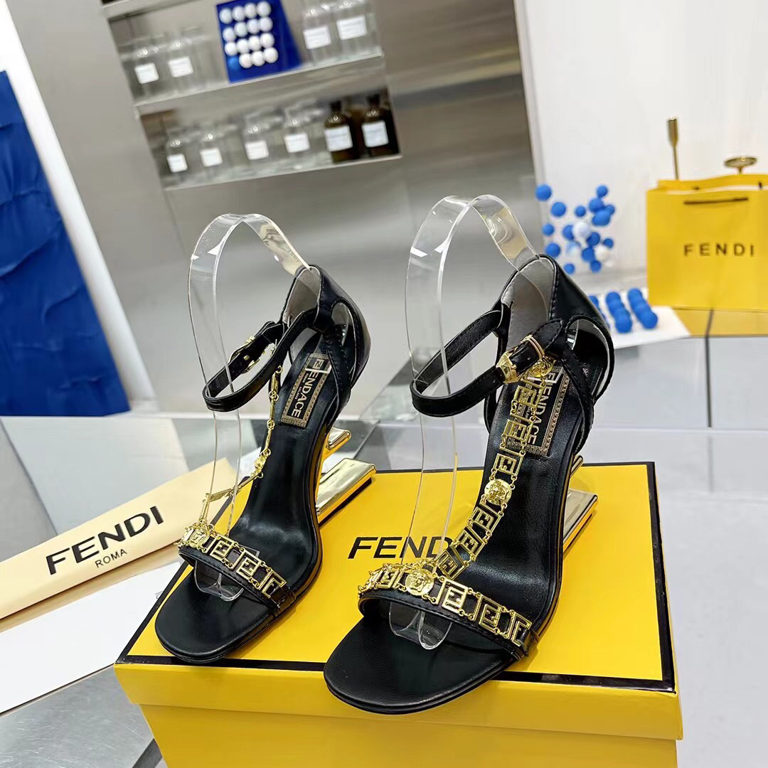 Fendi Fendi First Fendace Black Leather High-Heeled Sandals - DesignerGu
